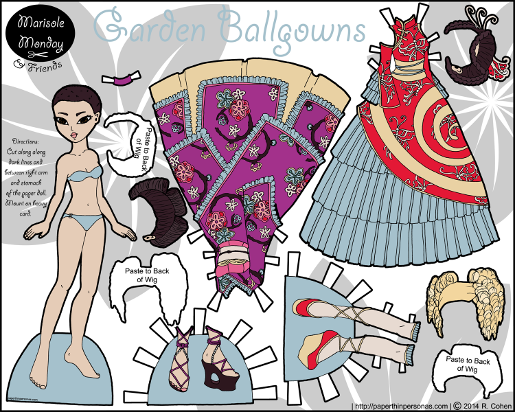 An Asian paper doll and her two fantasy ball gowns, three wigs and two pairs of shoes. Inspired by Wa Lolita and Qi Lolita fashions. 