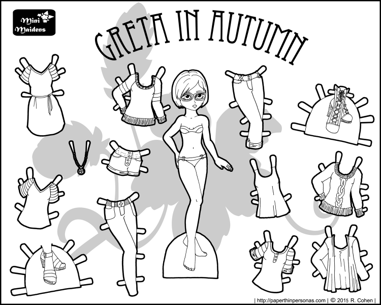 Great in Autumn is a printable paper doll in black and white with a thirteen piece mix and match wardrobe. Free to print and color from paperthinpersonas.com