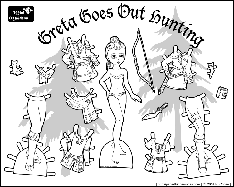 Heading out on the hunt is this fantasy paper doll coloring page with a ten piece wardrobe. From paperthinpersonas.com