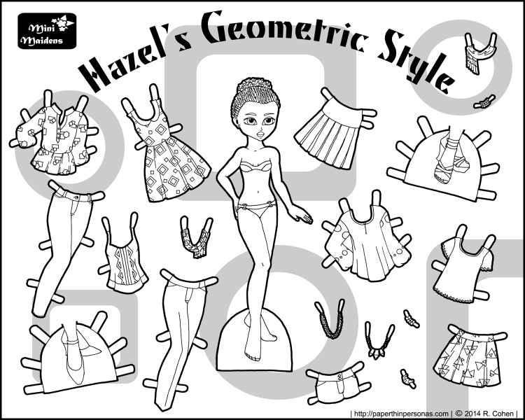 A printable paper doll to color named Hazel and her twelve piece contemporary fashion wardrobe. Free printable coloring sheet from paperthinpersonas.com
