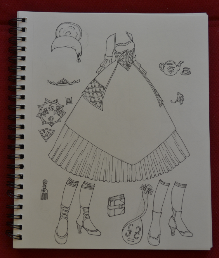 Opps... I just noticed I forgot to ink the folds in the ruffle at the top of the bodice. My bad. I'll do that after I erase all the pencil lines.