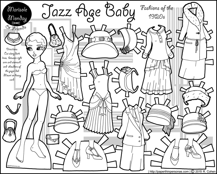 A black paper doll coloring page with twenties fashions including five dresses, seven hats and two pairs of shoes. Free to print and color from paperthinpersonas.com.