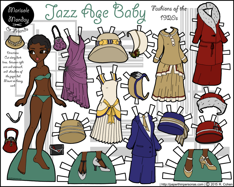 A black 1920s fashion paper doll with five dresses, seven hats, and two pairs of shoes. Free to print and color from paperthinpersonas.com