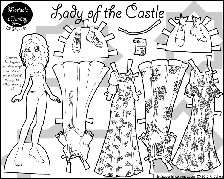 A fantasy paper doll coloring page with a princess and her four paper dresses. Free to print from paperthinpersonas.com