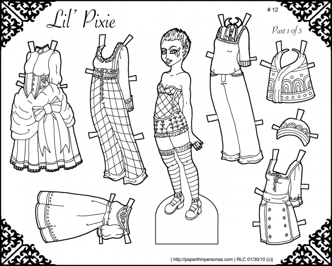 A black and white pixie paper doll with a six piece wardrobe. Free to print and color.
