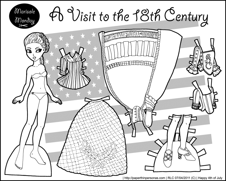 A paper doll coloring page with an 18th century wardrobe free from paperthinpersonas.com.