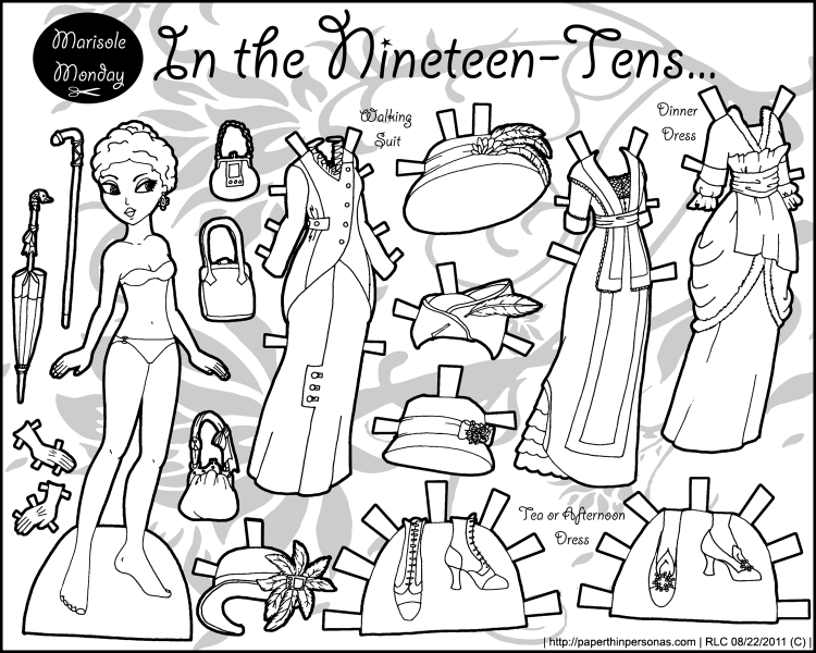 Historical paper doll coloring page with dresses from the 1910s. Free to print from paperthinpersonas.com.