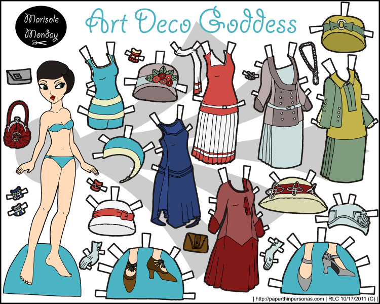 A flapper printable paper doll in full color with an eighteen piece mix and match wardrobe from suits to swimsuits. Free to print from paperthinpersonas.com.