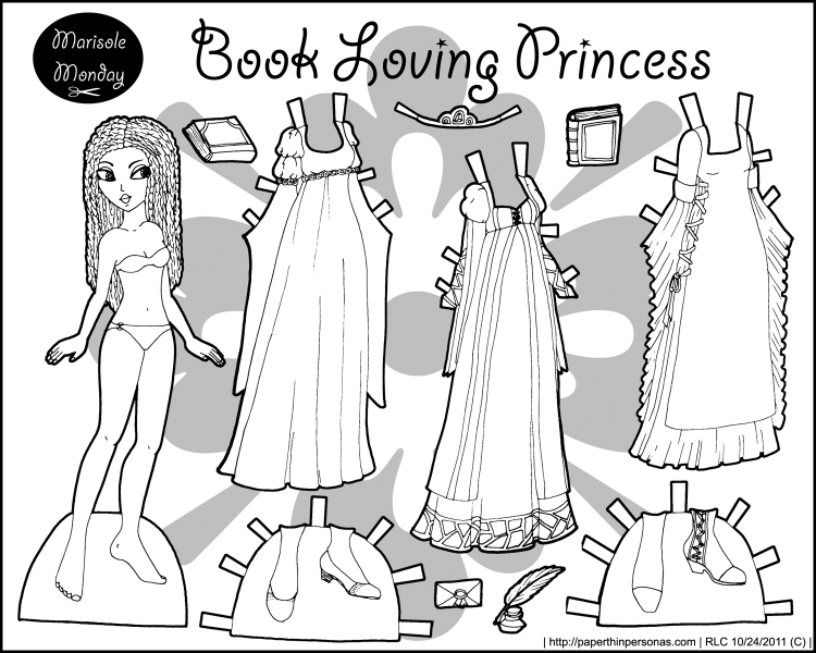 A black princess coloring page to print and dress up. Three dress, box braids and fun accessories. She's a hand-drawn paper doll from paperthinpersonas.com