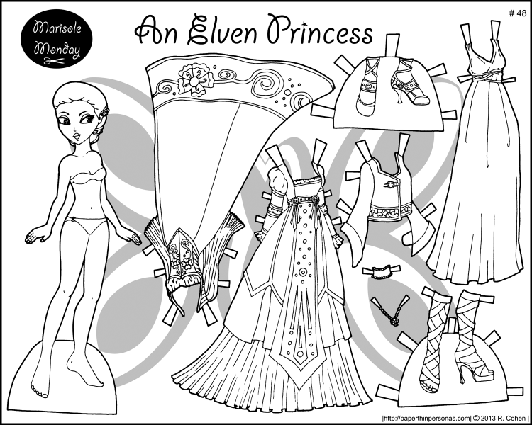 An elf princess coloring page to print and dress up. She's got two gowns, a night gown, shoes and some pointy ears. Free printable paper doll from paperthinpersonas.com.