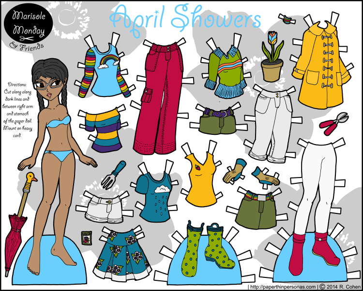 April Showers is a color printable paper doll for kids or adults. She's got 14 clothing pieces, gardening tools and a bright red umbrella. Free from paperthinpersonas.com