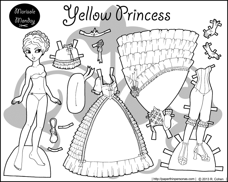 A black and white princess coloring page to print and dress up with two ballgowns, shoes and a crown. She's a hand-drawn paper doll from paperthinpersonas.com