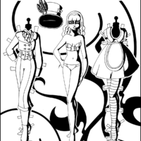A black and white Alice paper doll with two outfits- one inspired by Alice and one inspired by the Mad Hatter