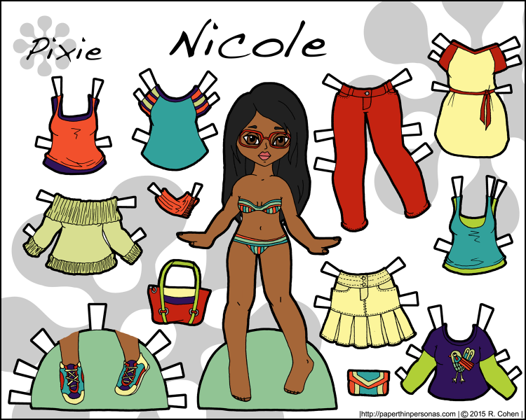 A fashion paper doll named Nicole with nine different clothing pieces. She's got long black hair and red glasses, along with sneakers and jeans. Free to print from paperthinpersonas.com