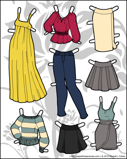 A set of paper doll clothes for the Ms. Mannequin series of paper dolls featuring a maxi dress, jeans, skirts, a sweater and dress. Free to print from Paper Thin Personas.