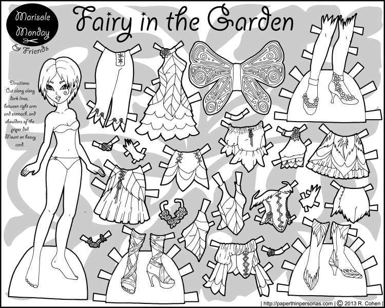 A paper doll coloring page featuring a fairy and her extensive wardrobe. From paperthinpersonas.com