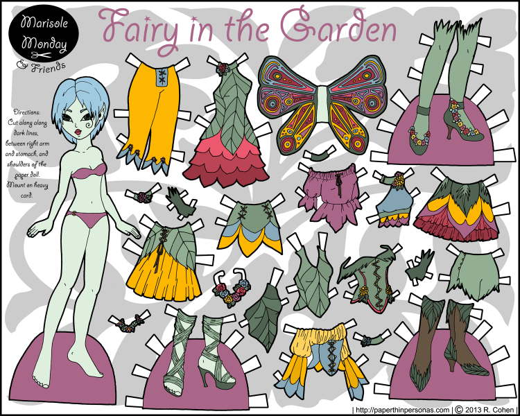 A fairy inspired by English country gardens with blue hair and an extensive wardrobe. From paperthinpersonas.com