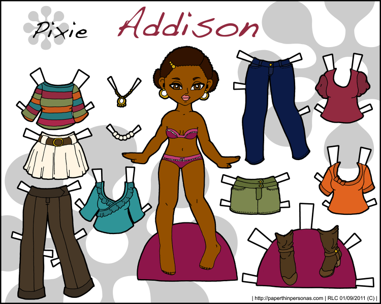 A black paper doll with a nine piece mix and match wardrobe. She's free to print from paperthinpersonas.com