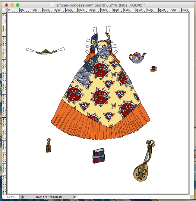 A screen capture of the work in progress of a princess ball gown, grown, lute and teapot. The dress is colored in an orange, yellow, and blue color scheme.