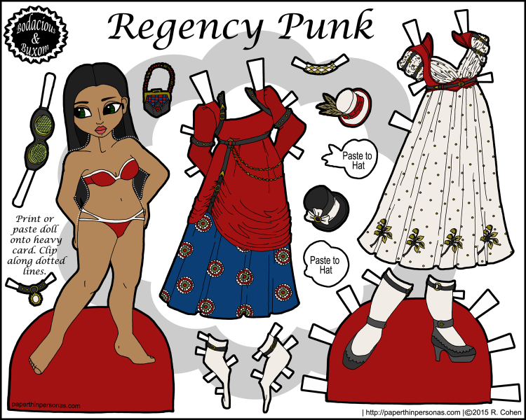 egency Punk: a paper doll inspired by combining steampunk and regency dress elements. Free to print from paperthinpersonas.com