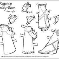 A wardrobe of early 1800s dresses for the Regency teddy bear paper doll including a swimming costume and a riding habit, along with several ball gowns. Free to print and color from paperthinpersonas.com