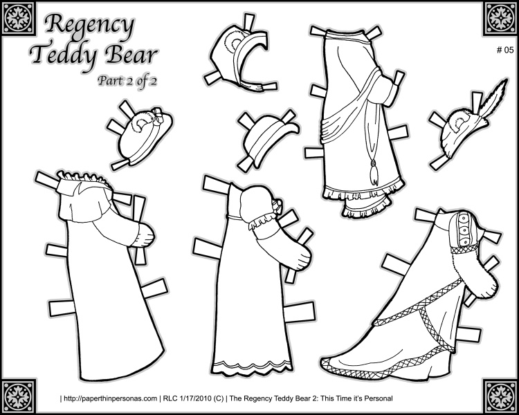 A wardrobe of early 1800s dresses for the Regency teddy bear paper doll including a swimming costume and a riding habit, along with several ball gowns. Free to print and color from paperthinpersonas.com