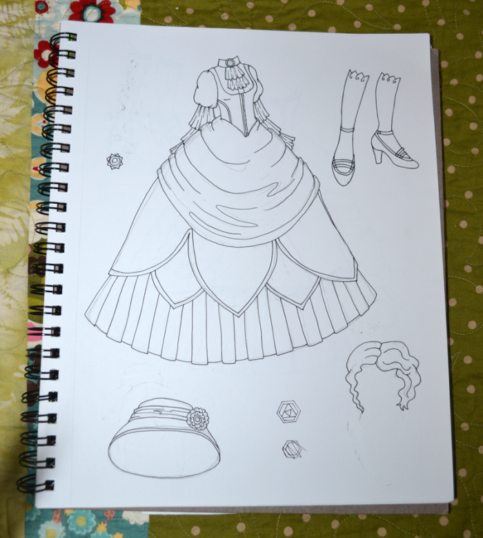 Princess dress with a draped overskirt. 