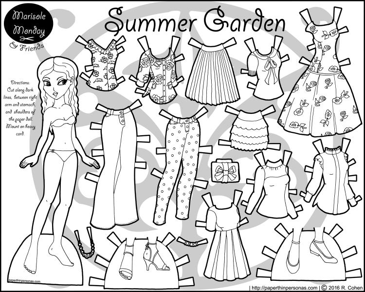 A black and white paper doll dress up set of sixteen pieces including two pairs of shoes, five tops, two dresses, two skirts, two pairs of pants and two pairs of shoes. Free to print and color from paperthinpersonas.com.
