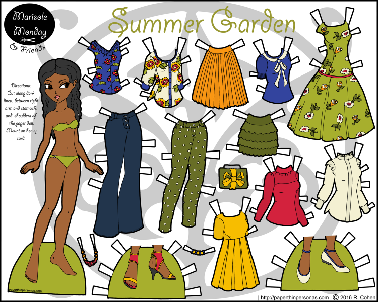 Printable paper doll with a floral inspired wardrobe of mix and match pieces.