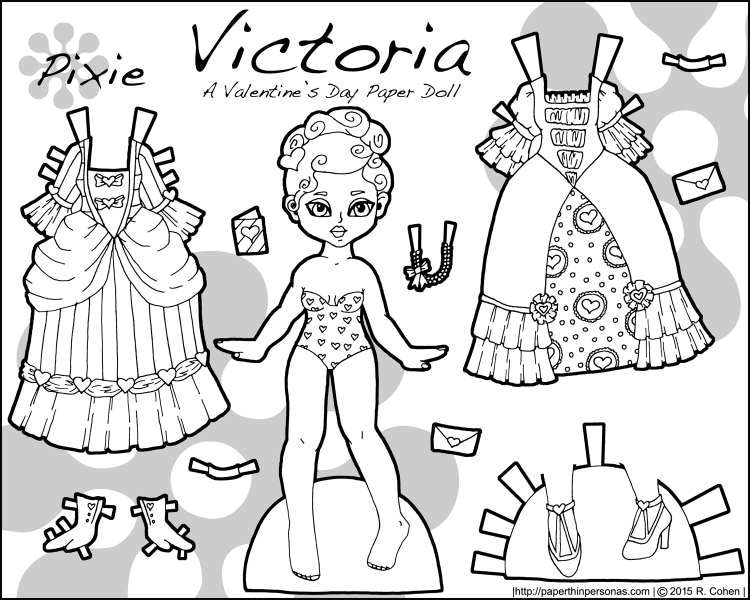 A black and white Valentine's Day paper doll named Victoria and inspired by Victorian valentines. Free to print and color from paperthinpersonas.com.