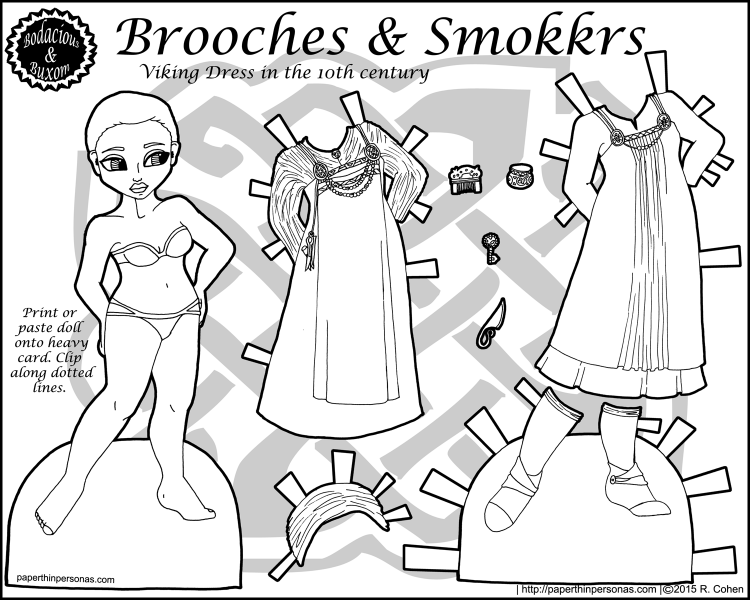 A paper doll of a viking woman from the 10th century with two historical outfits based on the work of scholars in Viking dress in black and white. She also has shoes and historical accessories.