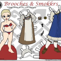 A paper doll of a viking woman from the 10th century with two historical outfits based on the work of scholars in Viking dress in color. She also has shoes and historical accessories.