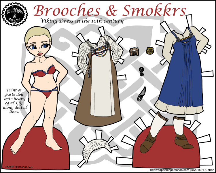A paper doll of a viking woman from the 10th century with two historical outfits based on the work of scholars in Viking dress in color. She also has shoes and historical accessories.
