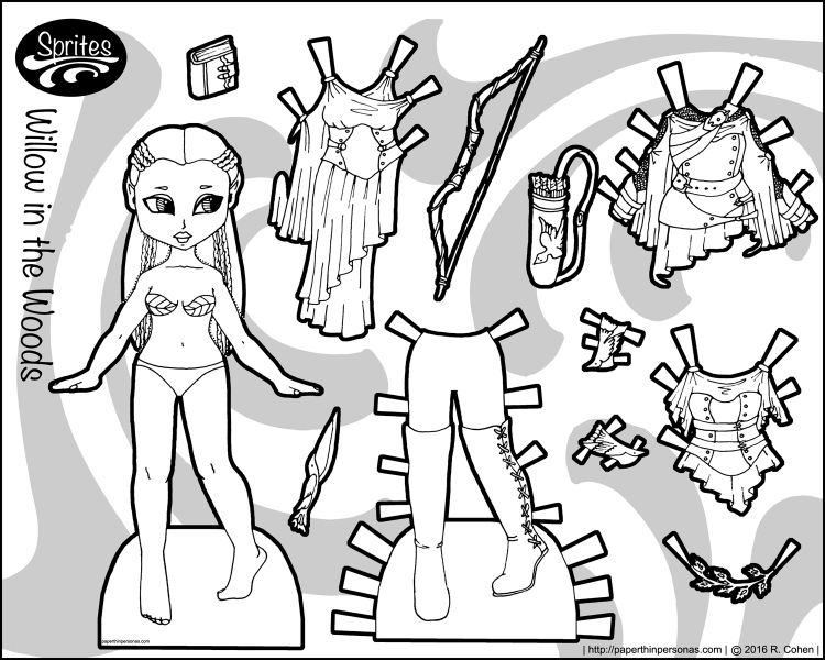 Willow In the Woods: An elven paper doll with a six piece wardrobe. Free to print and color from paperthinpersonas.com