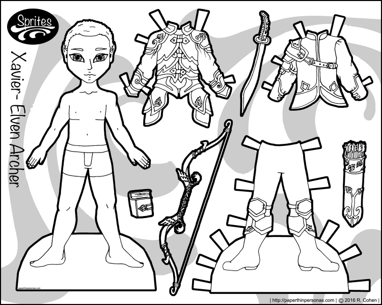 Xavier, one of my boy paper dolls, gets to be an elven archer in this fantasy paper doll set. Free to print and color from paperthinpersonas.com