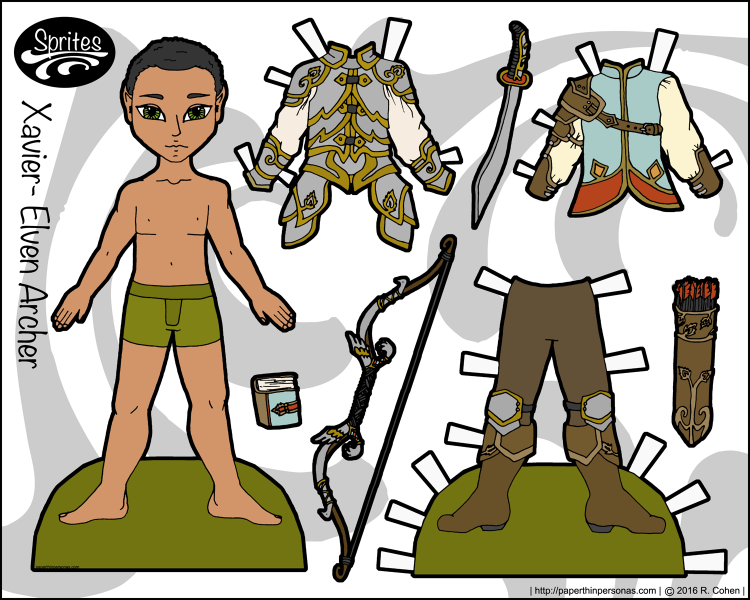 Xavier, one of my boy paper dolls, gets to be an elven archer in this fantasy paper doll set. Free to print from paperthinpersonas.com