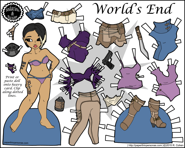 A post-apocalyptic fashion printable paper doll in color with a 13 piece wardrobe. She's free to print from paperthinpersonas.com.