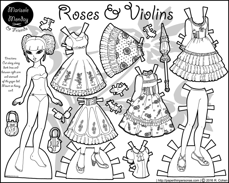 A Classic Lolita fashion paper doll coloring page from paperthinpersonas.com. 