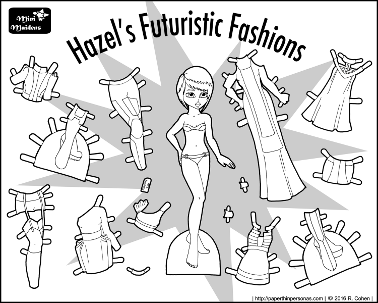 Hazel's Futuristic Fashions is a paper doll coloring sheet featuring a futuristic/sci-fi clothing. There's eleven pieces of clothing, including two pairs of boots. She's free to print from paperthinpersonas.com