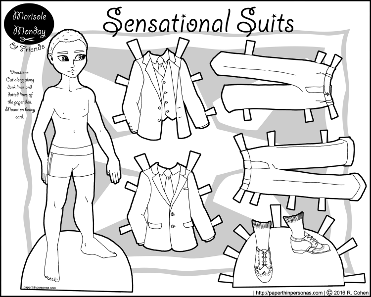 A man paper doll with two suits and a pair of shoes. Free to print and color from paperthinpersonas.com.
