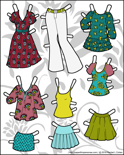 Nine mix and match piece of paper doll clothing for the Ms. Mannequin series. Free to print from paperthinpersonas.com.
