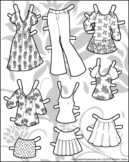 Nine mix and match piece of colorable paper doll clothing for the Ms. Mannequin series. Free to print from paperthinpersonas.com.