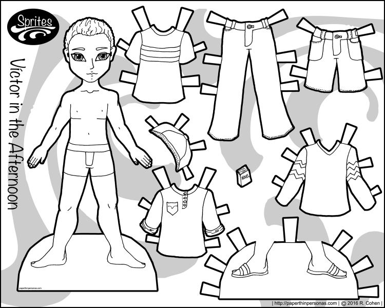 One of several paper dolls for boys on the blog, Victor is a young man with a casual wardrobe of seven pieces. He's free to print in black and white from Paperthinpersonas.com