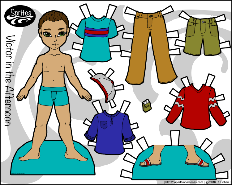 One of several paper dolls for boys on the blog, Victor is a young man with a casual wardrobe of jeans and t-shirts. He's free to print in color from Paperthinpersonas.com