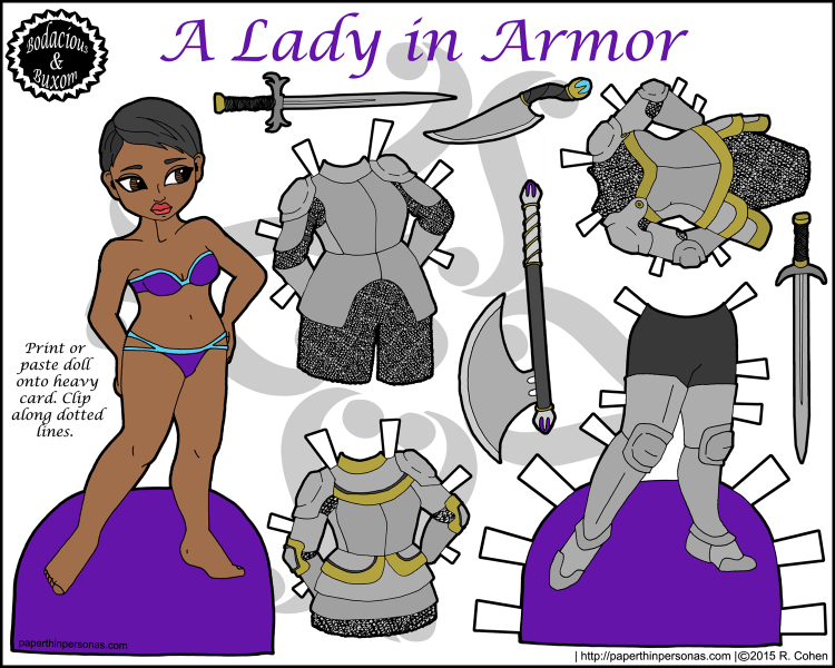 Because girl's slay dragons too, here's a female knight paper doll with four pieces of mix and match armor, plus plenty of accessories. From paperthinpersonas.com.
