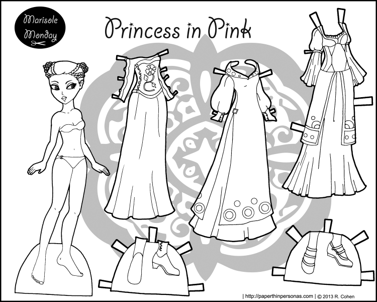 Fantasy paper doll set with three gowns and shoes. Free to print from paperthinpersonas.com.