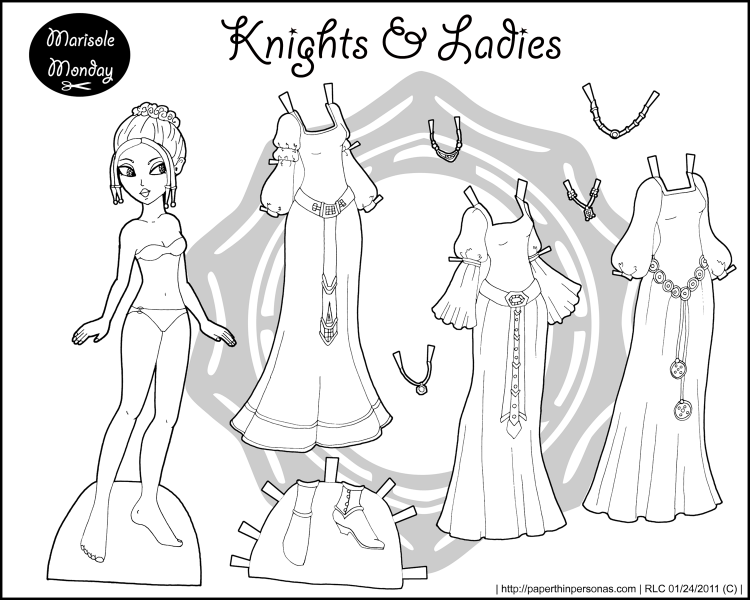 Fantasy paper doll set with three gowns and two pairs of shoes. Three necklaces. Free to print from paperthinpersonas.com.