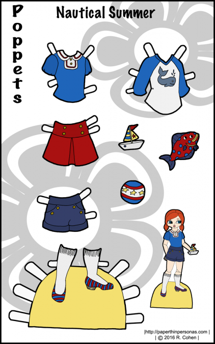 A set of nautical inspired paper doll clothes for the Poppet paper doll series. Also available in black and white from paperthinpersonas.com.