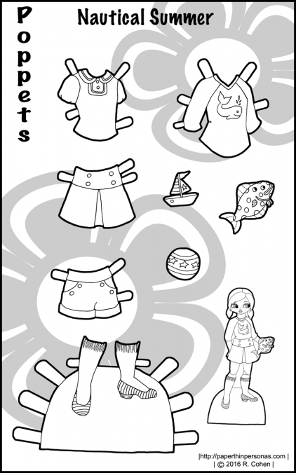 A set of nautical inspired printable paper doll clothes for the Poppet paper doll series. Also available in color from paperthinpersonas.com.