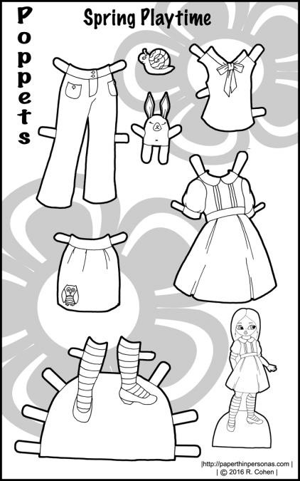 A colorful set of paper doll clothing for the Poppets! A dress, blouse, shoes, pants and a skirt, plus some fun toys in black and white. Free to print and color from paperthinprsonas.com.